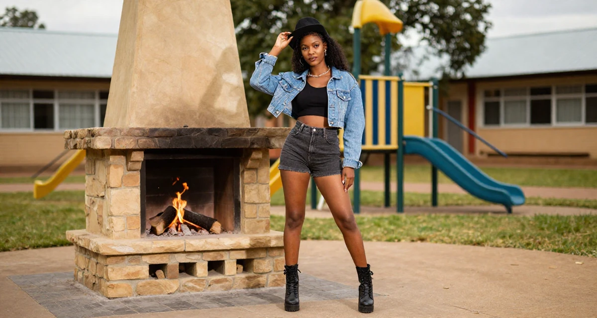 A alluring Female From Zambia, majored in marketing communication in their 25, upgrading equipment slowly as earnings grow, wearing a edgy street style with boots, holding a hat in a school playground.