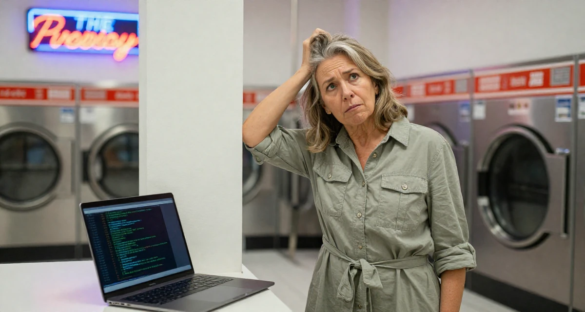 A impatient Female Former bakery assistant, now crafting sweet, soft-aesthetic creator vibes in their 46, celebrating the confidence that comes with age, wearing a belted shirt dress with rolled sleeves, scratching the head in confusion in a laundromat with neon signs.