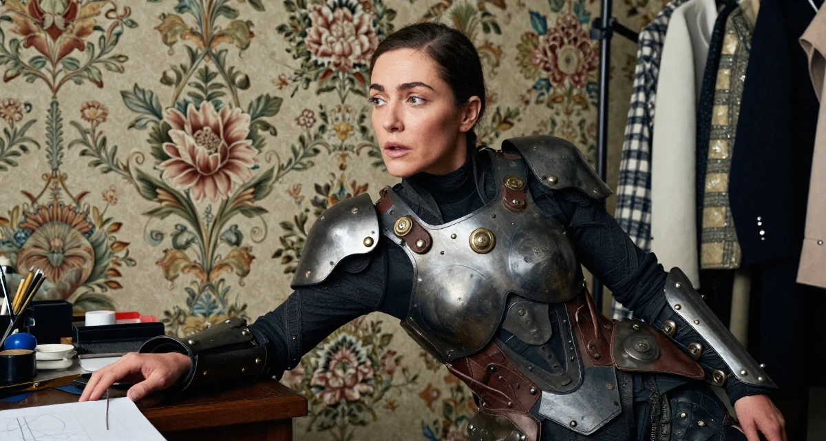 A awestruck Female Once a babysitter, now documenting grown-up self-expression in their 32, recovering from burnout and prioritizing rest, wearing a biopunk organic armor suit, glancing over the shoulder in a fashion design studio.