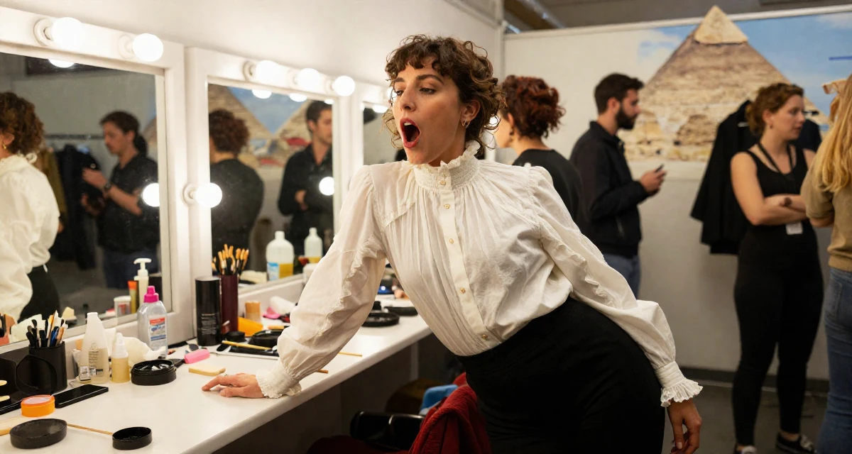 A aloof Female From Madrid Spain, studied sensual dance and camera presence in their 30, redefining what success means personally, wearing a high-neck victorian style blouse and black slacks, yawning discreetly in a backstage dressing room.