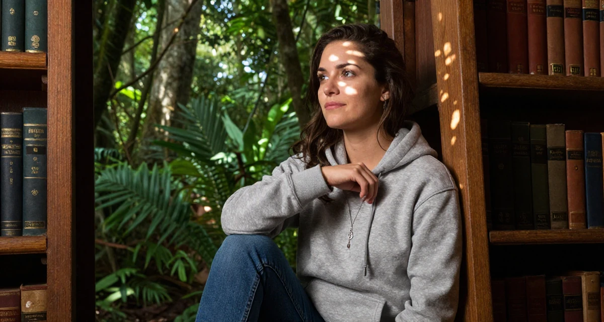 A quietly content Female From Houston USA, majored in psychology in their 24, looking for meaning beyond the paycheck, wearing a classic grey hoodie and jeans, touching a necklace in a old library with wooden ladders.