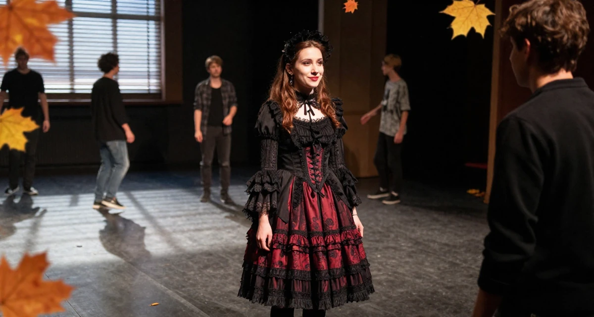 A grounded Female From Armenia, studied sociology in their 22, grinding nonstop while peers enjoy carefree weekends, wearing a elaborate gothic lolita dress with frills and lace, smiling at a stranger in a empty theater stage.