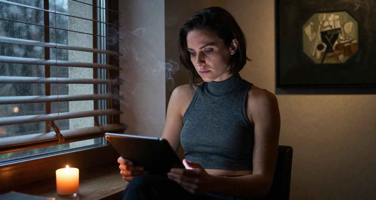 A guarded Female From Georgia, based in Batumi, graduated from a local academy majoring in social media management in their 44, proud of professional achievements and growth, wearing a high-neck sleeveless crop top showing toned arms, holding a tablet in a cozy reading nook by a window.