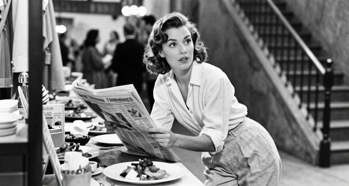 A yearning Female From Porto Portugal, studied event management in their 31, learning to cook gourmet meals at home, wearing a loose-fitting linen trousers, holding a newspaper in a fashion runway.