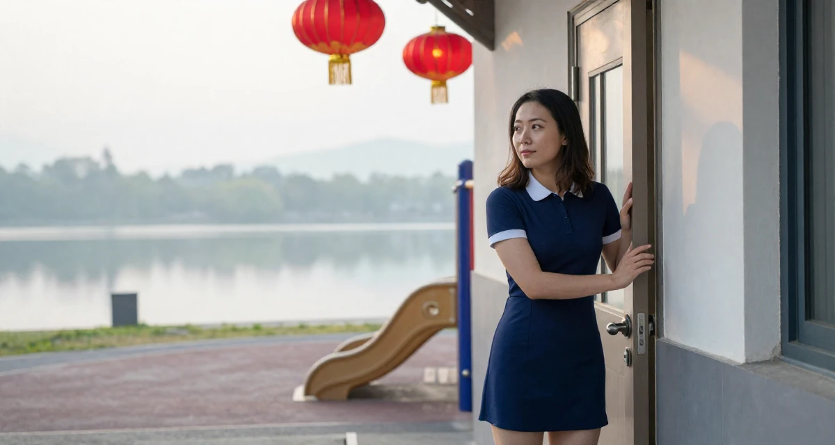A quietly content Female Former swim team athlete, now building a fitness-focused fanbase in their 27, just moved into a small apartment alone, wearing a navy blue dress with white collar and cuffs, pushing a door open in a school playground.