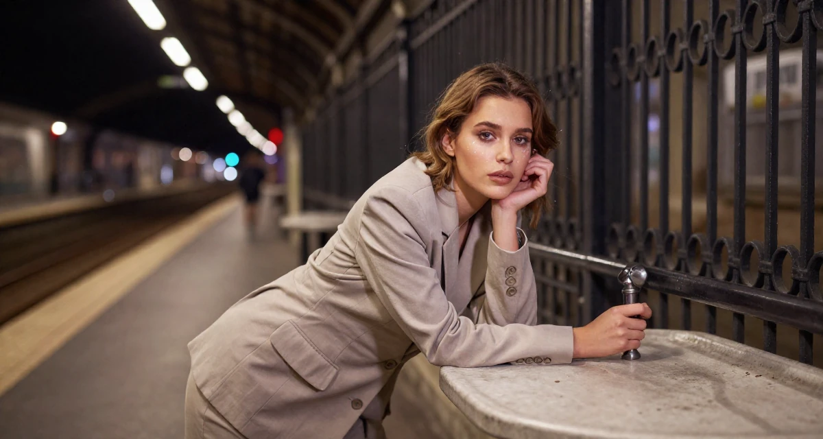 A wistful Female From Paris France, studied artistic nude photography as a creative discipline in their 22, learning how to avoid scams and risky promo offers, wearing a relaxed fit suit separate, grabbing a railing for support in a subway platform.
