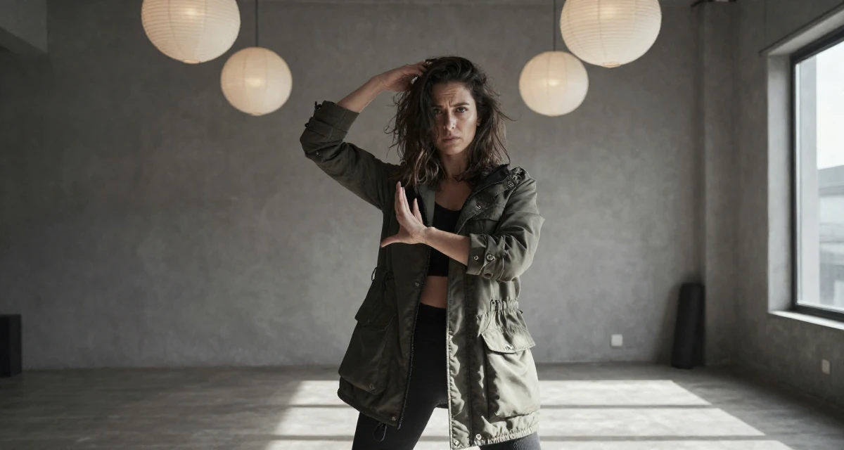 A suspicious Female From Buenos Aires Argentina, trained in tango and partner flow in their 23, becoming skilled at angles that highlight confidence, wearing a stylish parka jacket, pushing hair from face in a yoga studio.