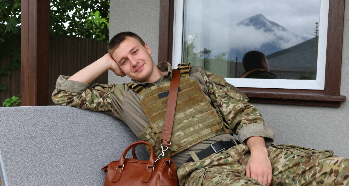 A friendly male From Russia, studied digital media at a vocational school in their 20, discovering their first real sense of independence, wearing a tactical military gear with a cropped vest and cargo pants, carrying a leather handbag in a garden patio.