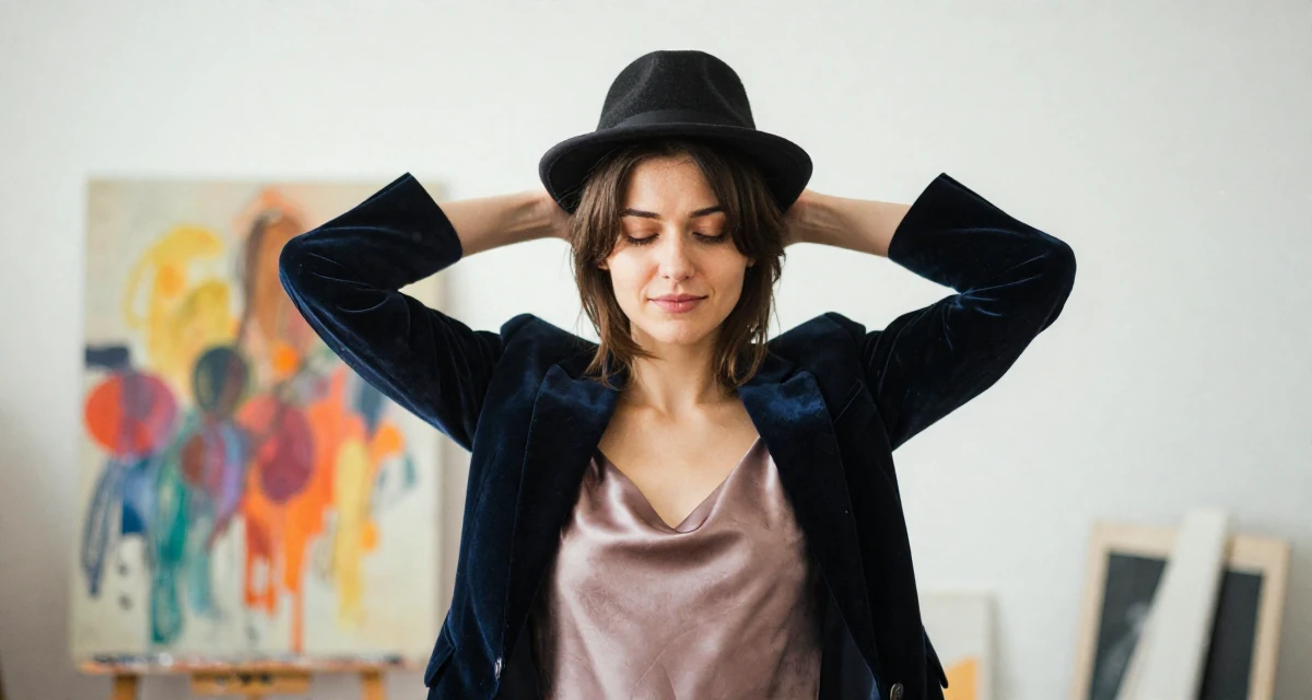 A gentle Female Grew up in the Czech Republic, studied digital film production in their 21, feeling the pressure of impending graduation, wearing a velvet blazer and a silk slip dress, holding a hat in a artist workshop.