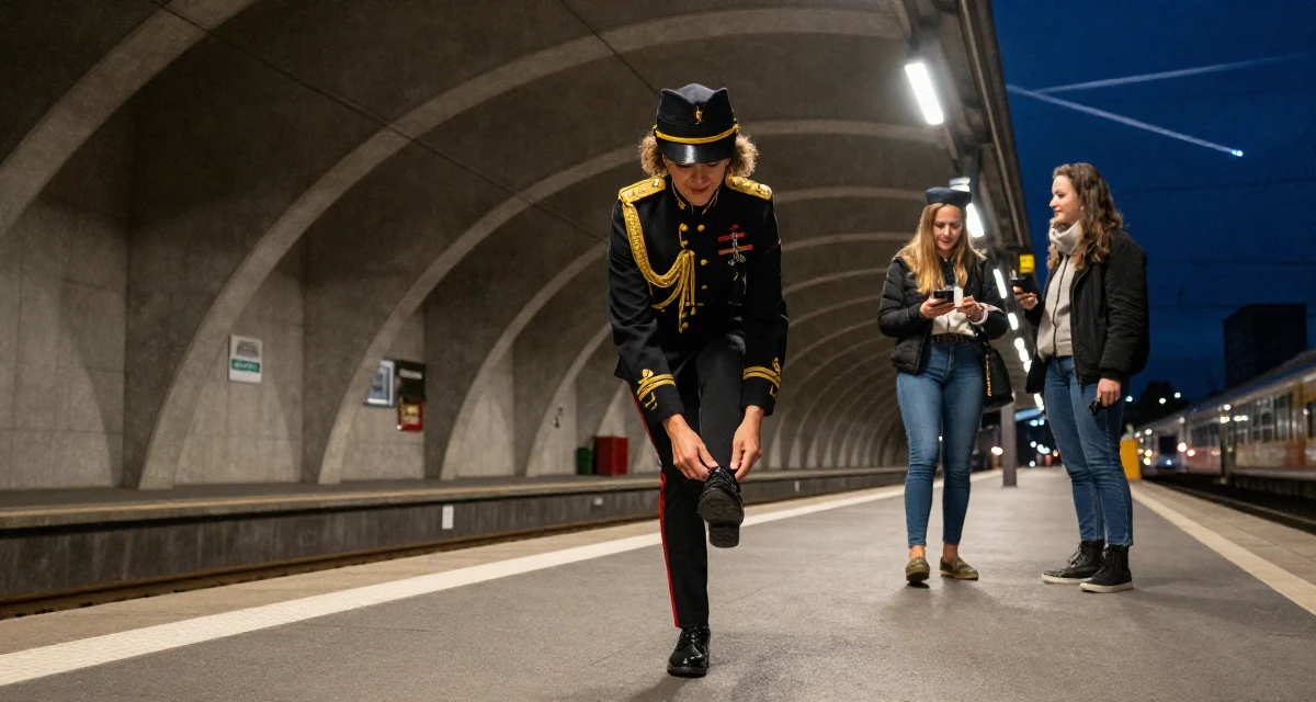 A affectionate Female From Zurich Switzerland, holds a degree in accounting and finance in their 20, feeling invincible on a night out with friends, wearing a military general uniform with gold braiding and a hat, reading a text message in a train platform.