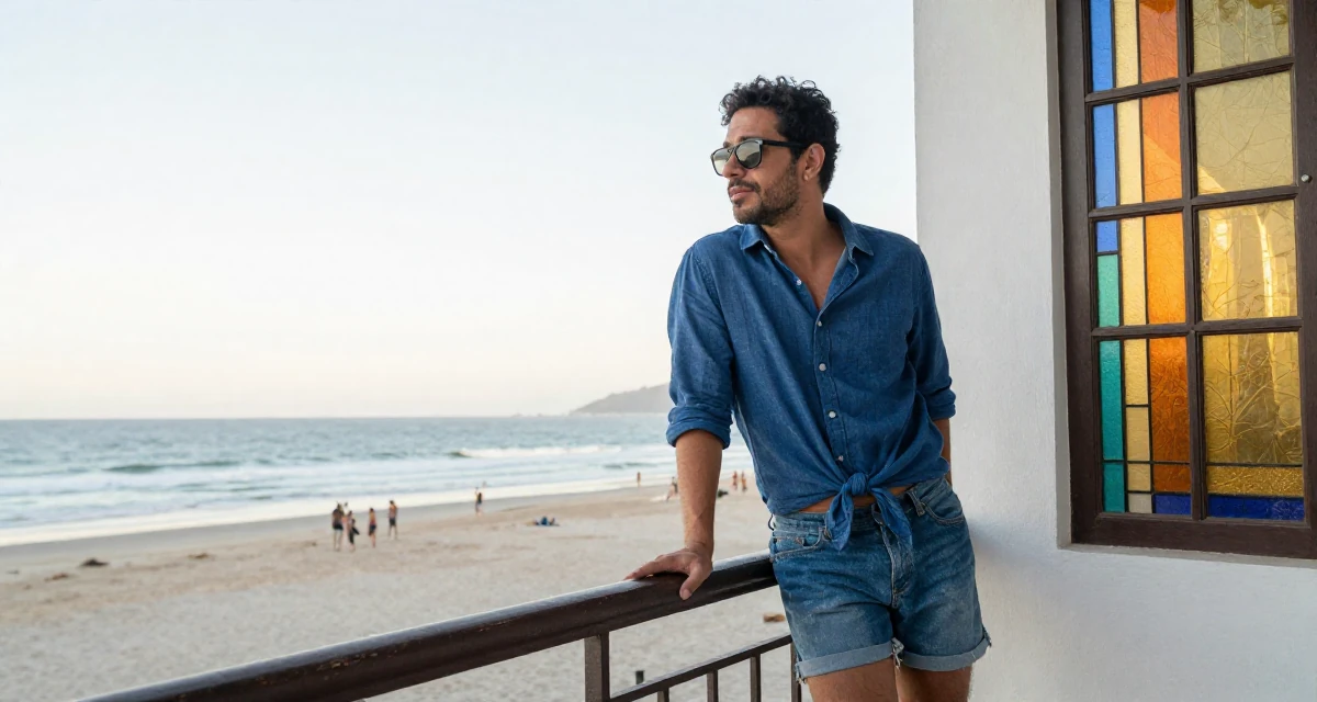 A inspired male From Brazil, majored in sociology in their 30, experimenting with bold fashion choices, wearing a button-down shirt tied at the waist and denim cutoffs, leaning on a railing in a sunset beach.