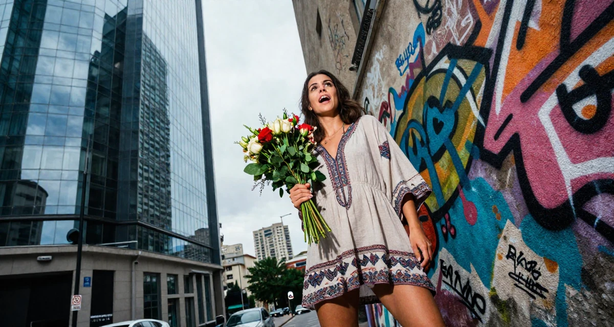 A ecstatic Female From Georgia, based in Batumi, graduated from a local academy majoring in social media management in their 31, feeling the biological clock or societal pressure, wearing a relaxed bohemian style dress, holding a bouquet in a graffiti art wall.