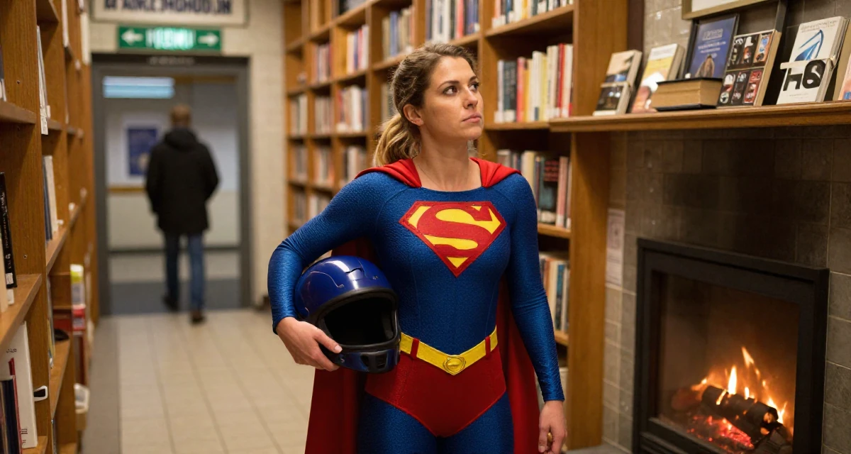 A ambitious Female From Finland, majored in educational psychology in their 49, focusing on spiritual growth and grounding, wearing a superheroine spandex suit with a cape, holding a helmet in a bookstore aisle.