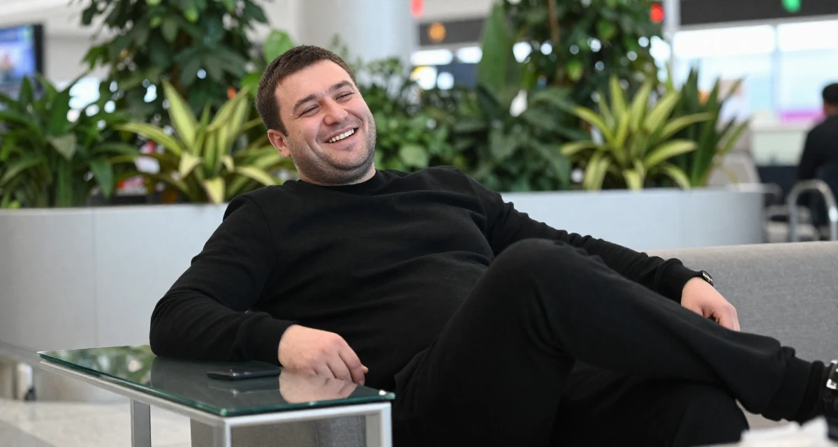 A soulful male From Turkmenistan, studied industrial technology in their 33, documenting a weight loss and health journey, wearing a monochromatic black outfit, laughing softly in a airport terminal.