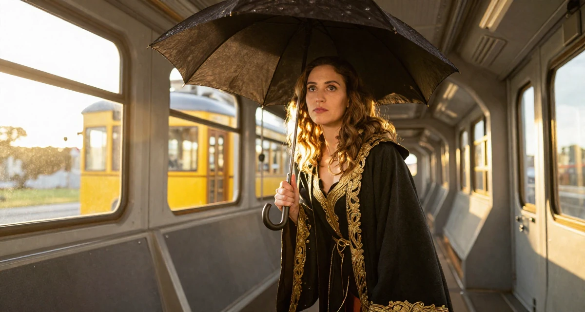 A quietly confident Female Born in New Zealand, studied creative media production in their 23, gaining confidence through playful outfit themes, wearing a high-fantasy sorceress robe with gold embroidery, holding an umbrella in a spaceship corridor.