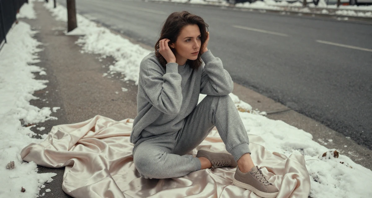 A contemplative Female From Czech Republic, studied photography and cinematography in their 38, capturing cinematic moments of daily life, wearing a relaxed jogger and sweatshirt combo, tucking hair behind an ear in a snowy sidewalk.