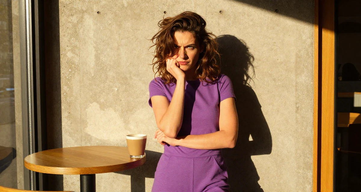 A teasing Female From Zurich Switzerland, holds a degree in accounting and finance in their 25, evaluating long-term career opportunities, wearing a cotton jersey romper that fits tightly, messing up hair playfully in a coffee shop corner.