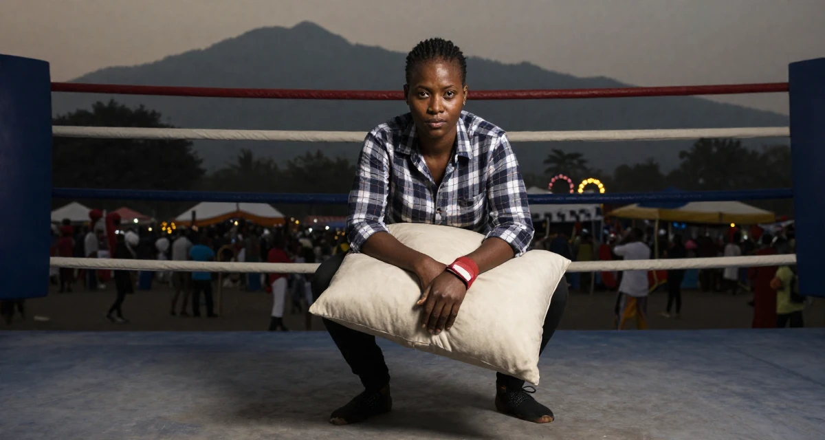 A sultry Female From Abuja Nigeria, studied public administration in their 41, documenting a mid-life fitness transformation, wearing a casual plaid button-down, hugging a pillow or cushion in a boxing ring.