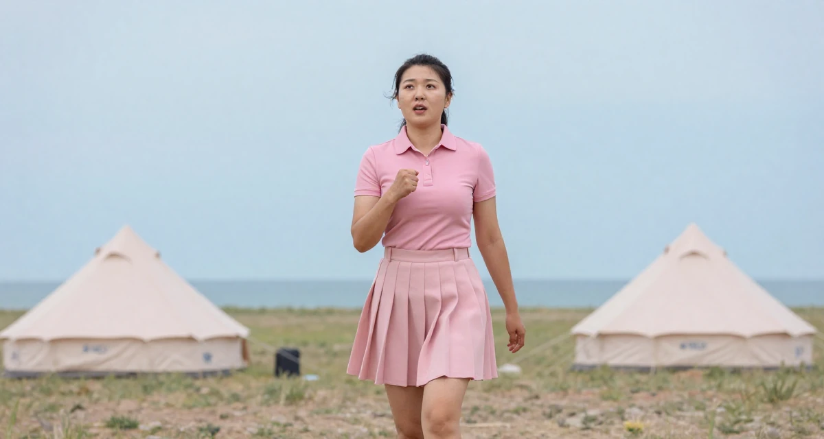 A fascinated Female From Mongolia, majored in history and culture in their 39, reflecting on a decade of professional growth, wearing a short pleated skirt and a tight polo shirt, cracking knuckles in a camping site.