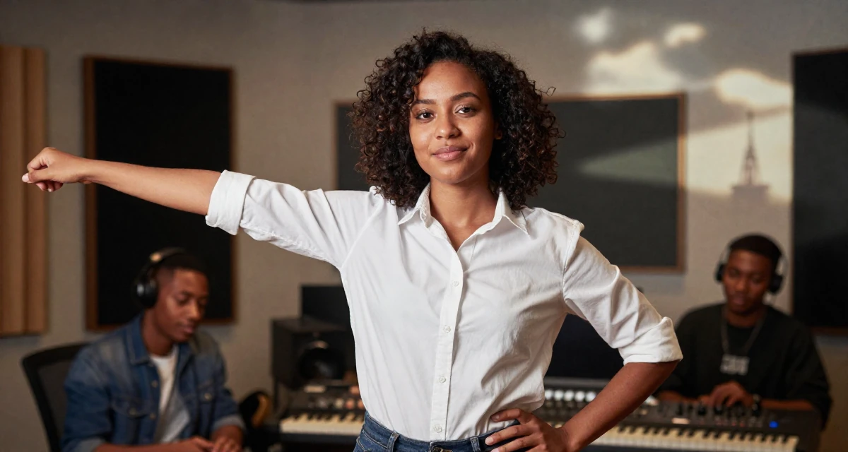 A lighthearted Female From Mozambique, studied environmental science in their 20, feeling invincible on a night out with friends, wearing a crisp button-up with rolled sleeves, stretching arms after waking in a music studio.