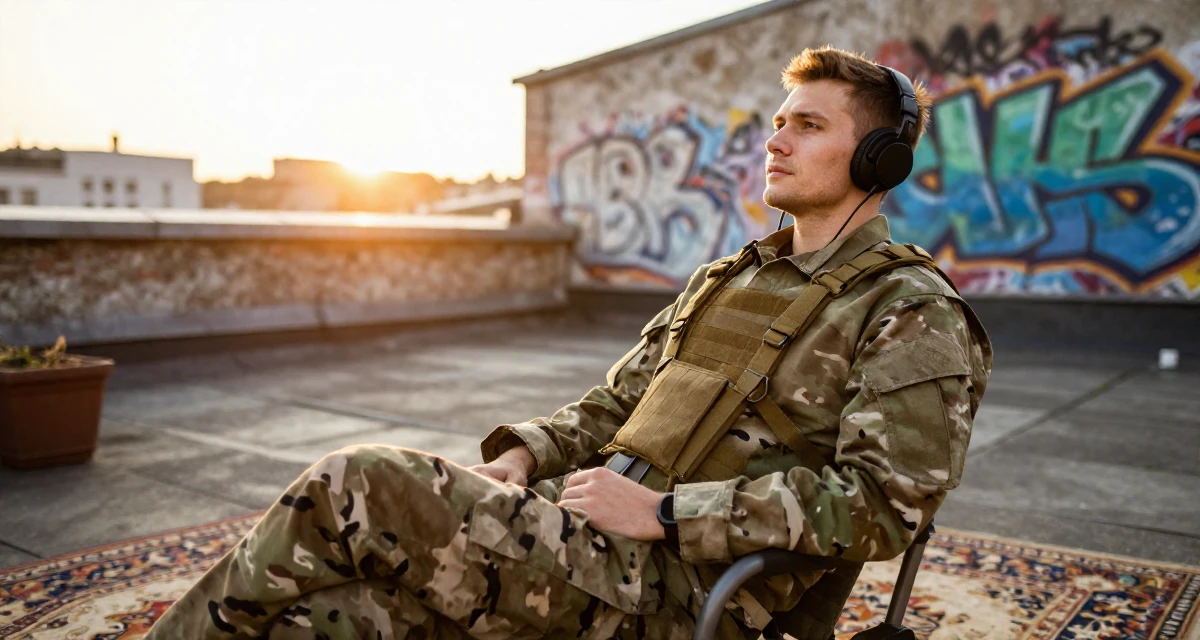 A calmly observant male From Russia, studied psychology at a community college in their 25, accepting that growth is slower than motivational quotes claim, wearing a commando outfit with camouflage paint and tactical harness, listening to music with headphones in a rooftop garden.