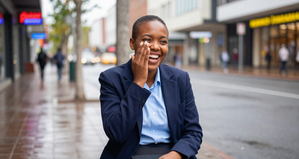 A vibrant Female Born in South Africa, studied political communication in their 22, learning how to avoid scams and risky promo offers, wearing a school council president uniform with a blazer, covering a laugh with one hand in a city sidewalk.