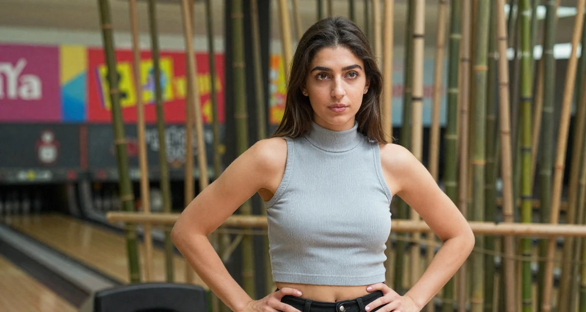 A grounded Female From Turkey, has a degree in tourism management in their 25, exploring creativity online, wearing a high-neck sleeveless crop top showing toned arms, glancing sideways in a bowling alley.
