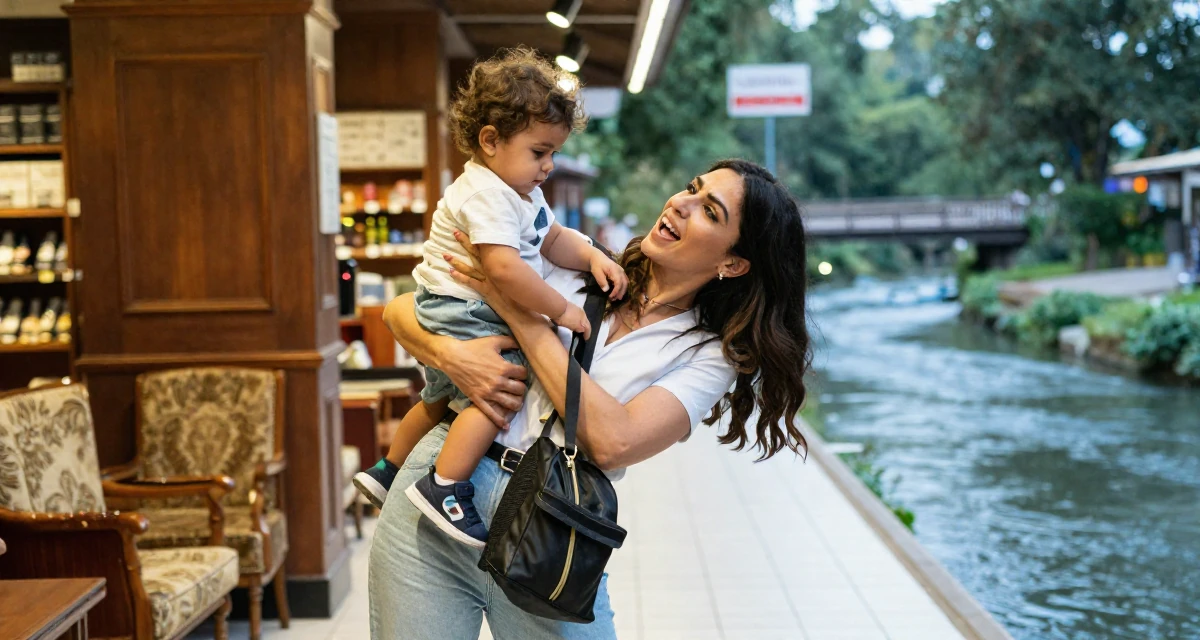 A vibrant Female From Arabic-speaking world, majored in health administration in their 35, raising a toddler while building a business, wearing a comfortable travel outfit, zipping up a bag in a supermarket aisle.