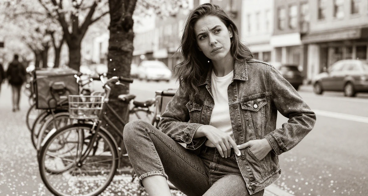 A bored Female Former food delivery biker, now exploring creator freedom in their 22, trying to build a capsule wardrobe on a budget, wearing a classic denim jacket and white tee, sliding a hand into a pocket in a bustling city street.
