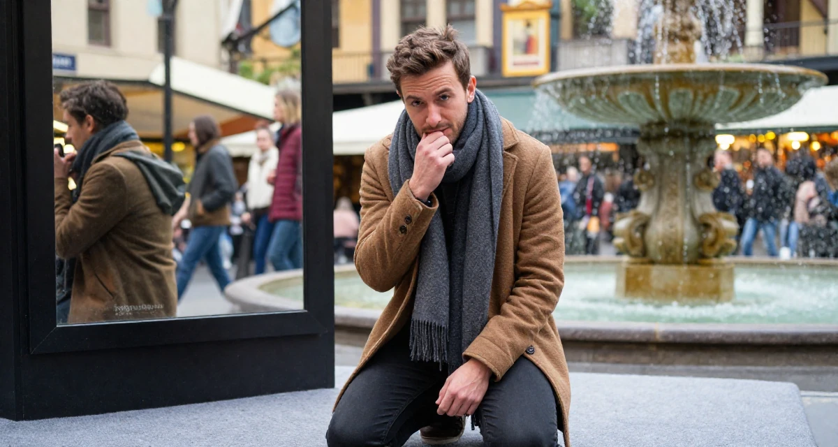 A thoughtful male From Australia, studied event management in their 25, dealing with nervousness before posting first video, wearing a layered autumn coat and scarf, biting the lower lip softly in a bustling market.