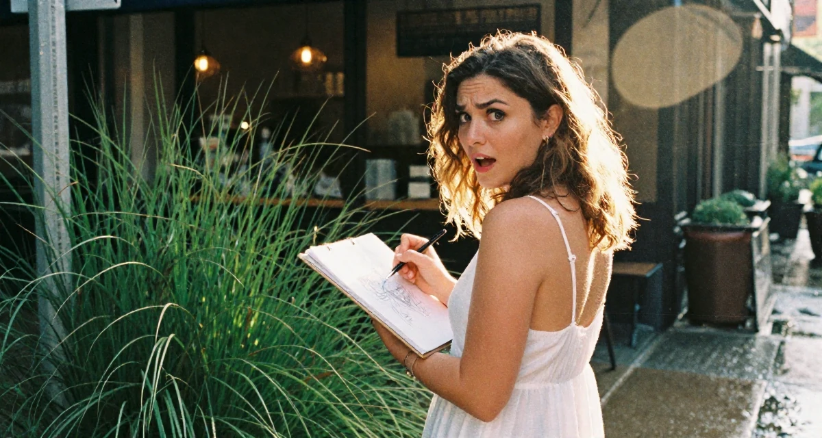 A anxious but excited Female From USA, studied political science in DC in their 25, testing personal boundaries through new experiences, wearing a semi-sheer white sundress backlit by the sun, sketching on a pad in a rainy street corner.
