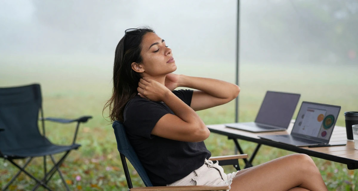 A proud and dignified Female From Singapore, studied business analytics in their 29, refusing to settle for mediocrity, wearing a casual weekend brunch outfit, massaging the neck in a camping site.