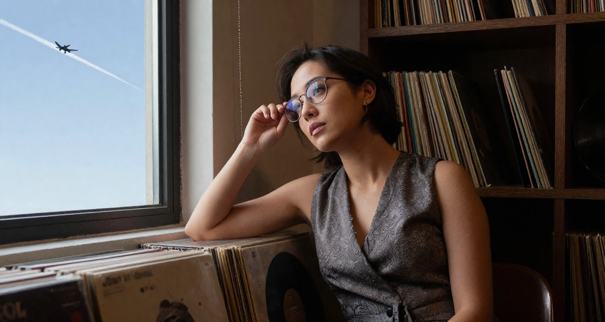 A lonely Female Once a logistics temp worker, now enjoying flexible creator life in their 25, pretending confidence while filming take after take, wearing a elegant evening casual wear, adjusting glasses in a vintage bookstore.