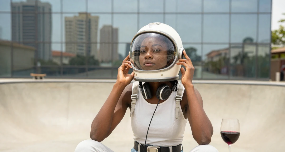 A calm and confident Female From Ghana, majored in banking and finance in their 22, using body language to convey mood more than exposure, wearing a retro sci-fi space girl outfit with a bubble helmet, adjusting headphones in a skate park.