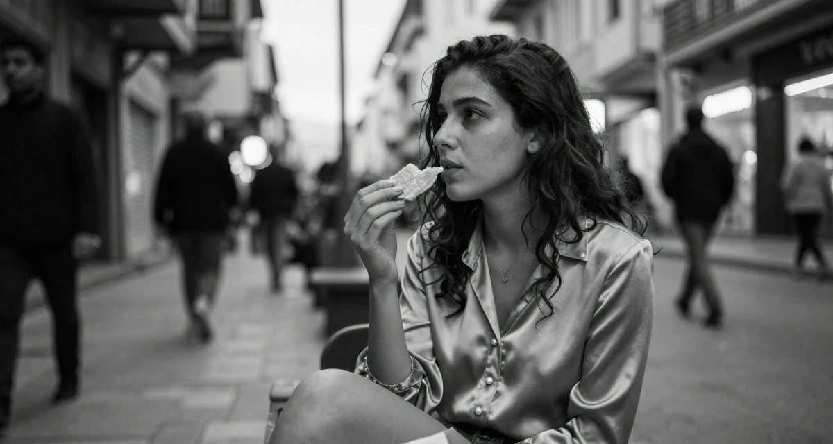 A ethereal Female From Greece, studied classical studies and history in their 22, managing new financial responsibilities, wearing a satin blouse with pearl buttons, holding a snack in a bustling city street.