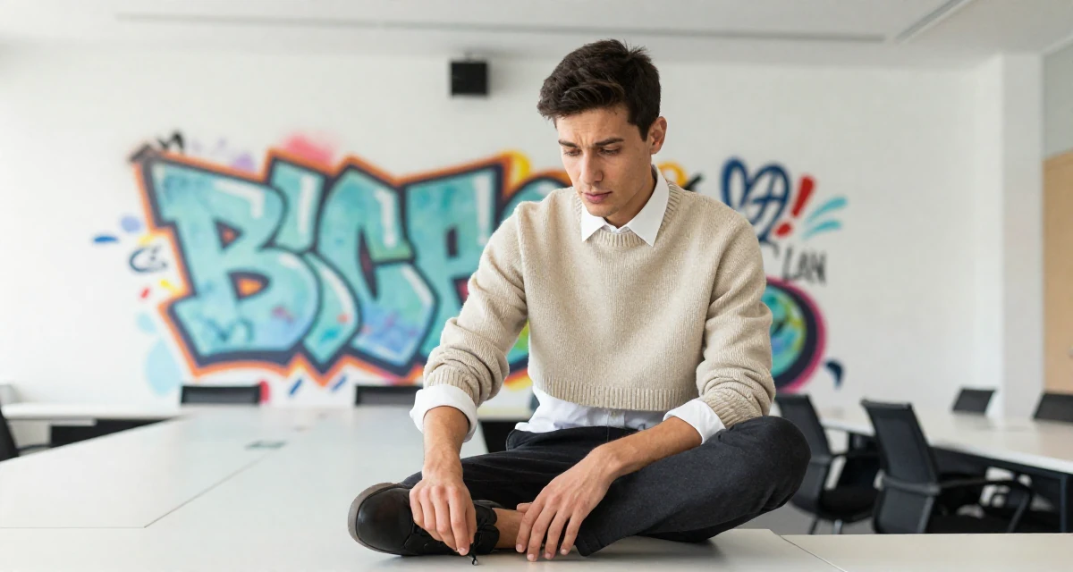 A emotional male From Lyon France, learned couture aesthetics and editorial styling in their 22, trying to grow without losing privacy or sanity, wearing a cropped sweater over a collared shirt, tapping a foot rhythmically in a conference room.