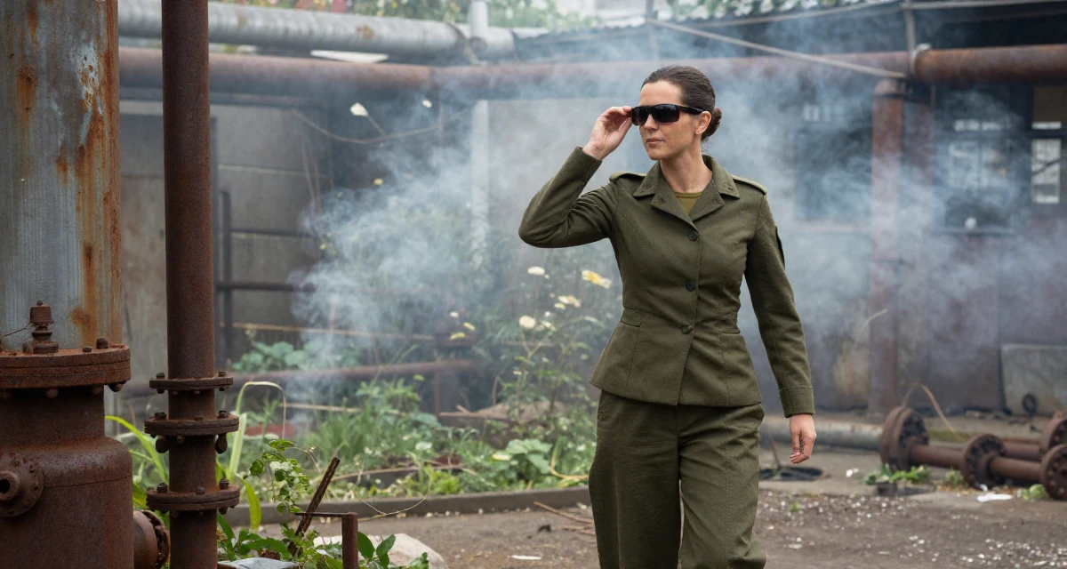 A thoughtful Female Once a soldier trainee, now exploring softer sides through creator work in their 25, handling first DMs from subscribers respectfully, wearing a fitted waist coat and wide leg trousers, putting on sunglasses in a backyard garden.
