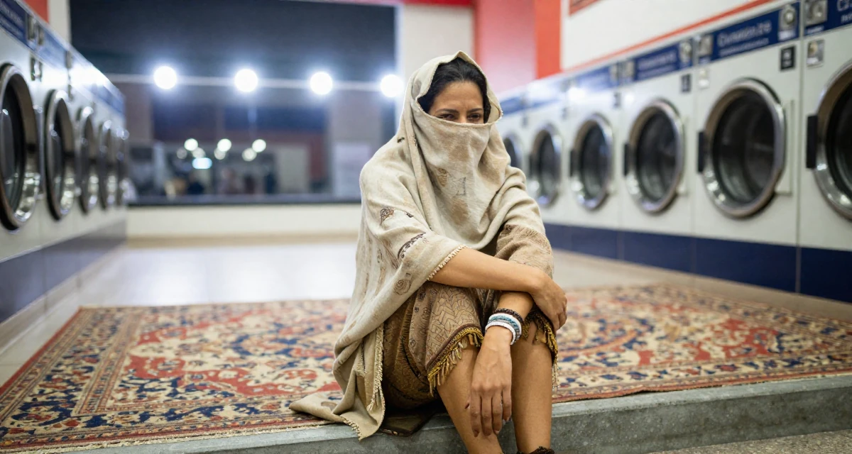 A bashful Female From Amsterdam Netherlands, studied creative business in their 45, embracing the freedom of a child-free life, wearing a desert nomad wrap outfit with a face veil, stepping onto a curb in a laundromat.
