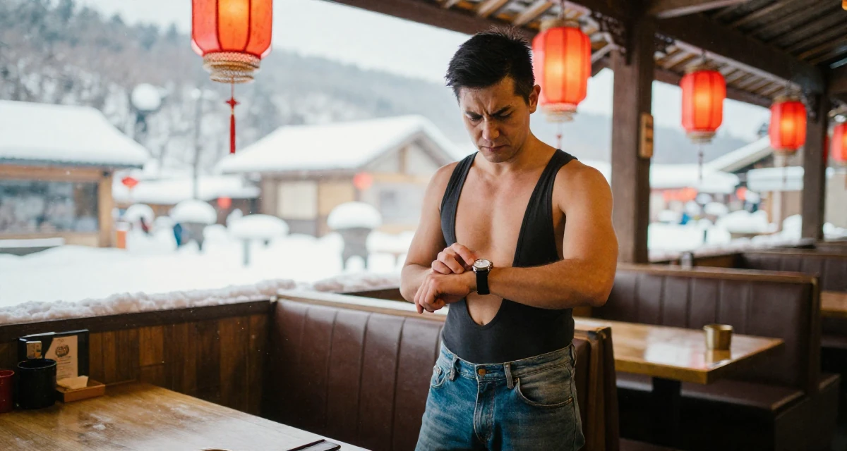 A intimidating male Once a geography teacher, now producing warm travel-inspired content in their 31, exploring advanced investment strategies, wearing a open-back bodysuit with vintage denim jeans, checking a wristwatch in a restaurant booth.