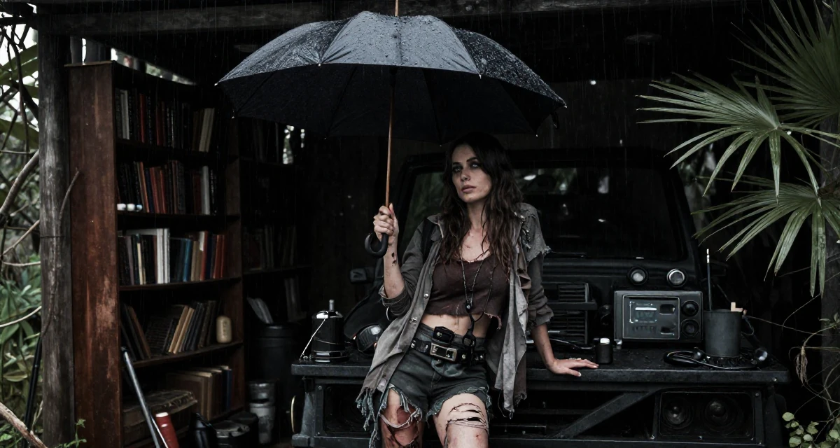 A reserved Female From Turkey, based in Antalya, graduated from a film school majoring in mood-driven visual expression in their 45, sharing the beauty of a quiet rural life, wearing a zombie apocalypse survivor gear with torn clothes, shaking rain off an umbrella in a mechanic garage.