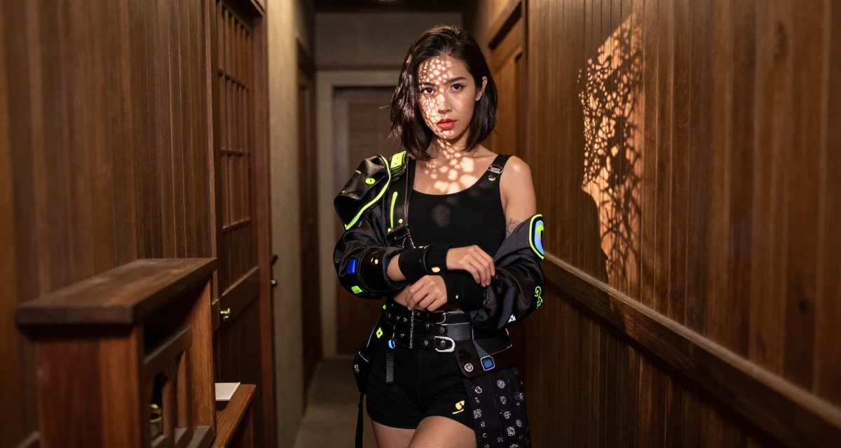 A content Female From Penang Malaysia, explored sensual storytelling through dance videos in their 37, establishing authority in a niche market, wearing a cyberpunk street samurai gear with neon accents, fixing a cufflink in a narrow hallway.