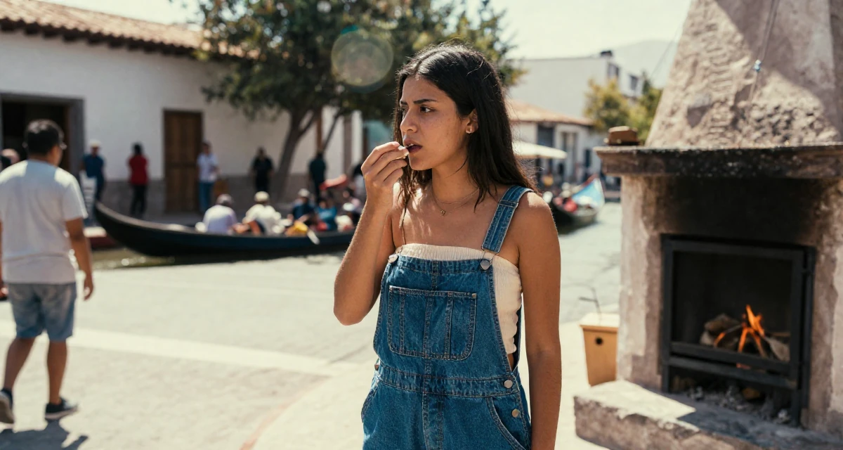 A distracted Female From Peru, based in Arequipa, graduated from a local university majoring in business communication in their 29, dealing with social pressure to “settle down”, wearing a tube top and oversized denim overalls with one strap down, humming a tune visually in a busy intersection.