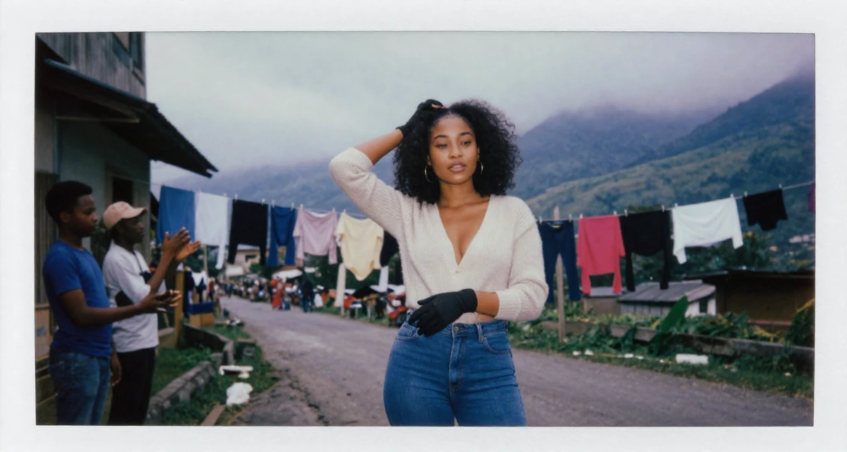 A moody Female From Cameroon, majored in applied statistics in their 22, feeling powerful when fans appreciate confident vibes, wearing a plunging v-neck sweater and skinny jeans, putting on a glove in a neon-lit street.