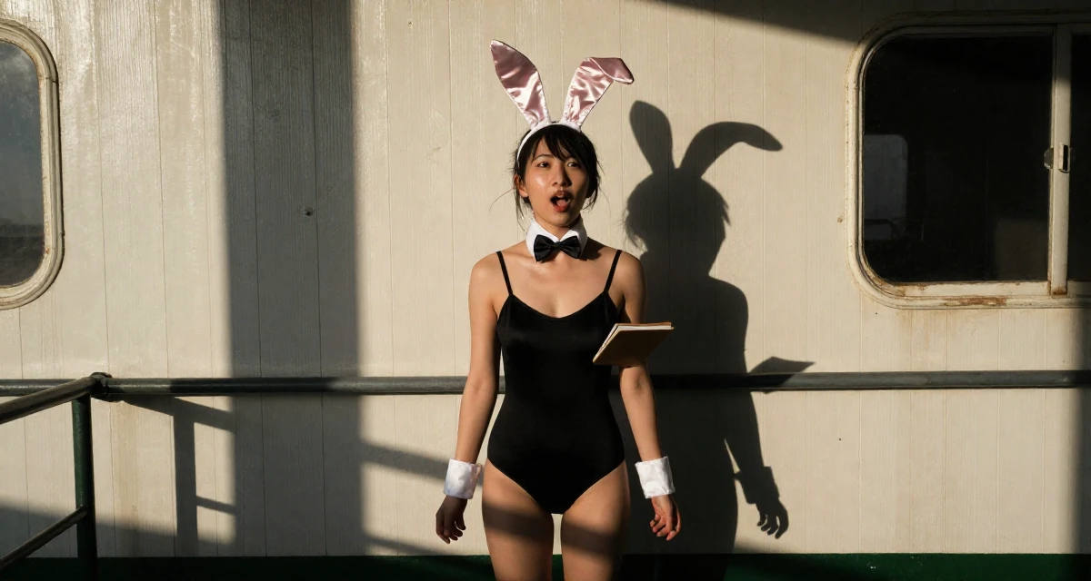 A passionate Female From Nanjing China, graduated with a finance major in their 23, building consistency in personal projects, wearing a playful bunny girl costume with satin ears and cuffs, holding a notebook in a ferry deck.