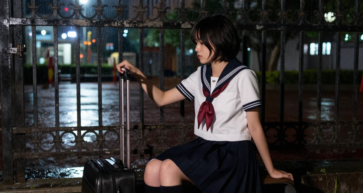 A fragile male Once a photography assistant, now starring in her own visual stories in their 30, embracing a new level of self-assurance, wearing a Japanese school sailor uniform (seifuku) with a pleated skirt, polling a luggage handle in a school playground.