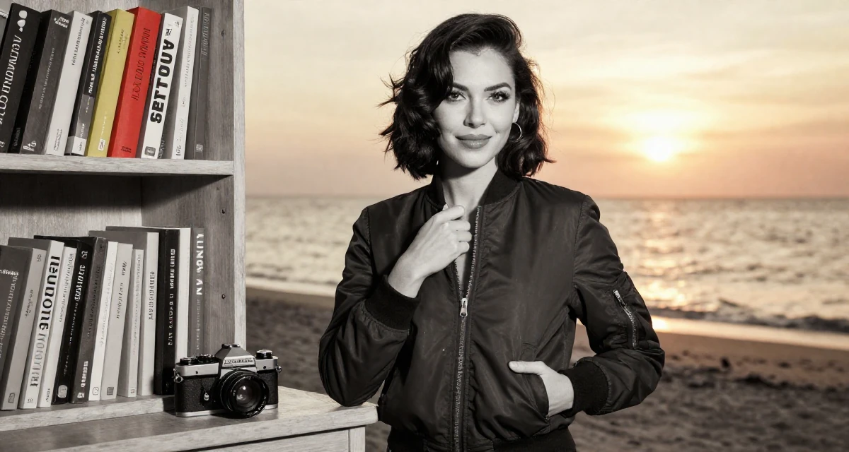 A gently amused Female From Thailand, majored in tourism in their 22, developing a bold persona that feels authentically “me”, wearing a classic bomber jacket style, adjusting a collar in a sunset beach.