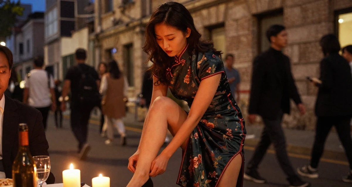 A assured Female Based in South Korea, studied fashion merchandising in their 42, focused on stability over ambition, wearing a Chinese qipao (cheongsam) modified with a high slit, looking down at the ground shyly in a urban street.