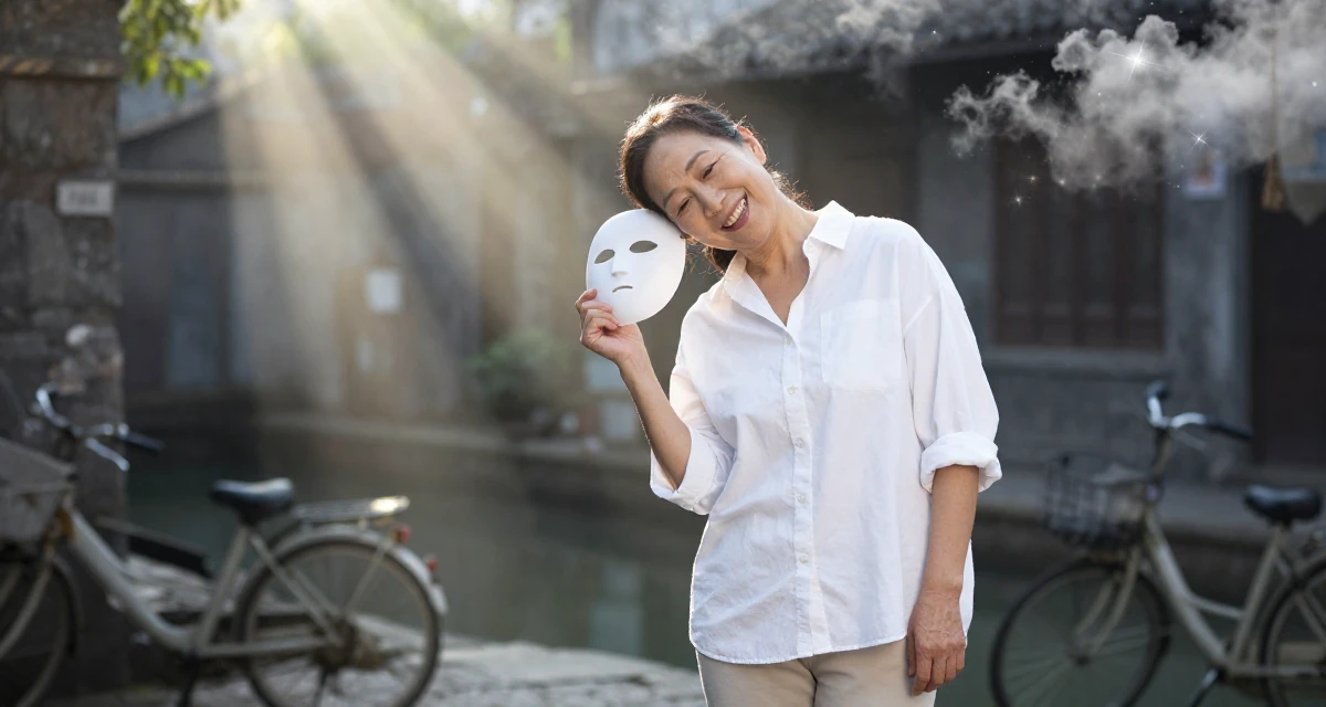 A joyful Female From Hangzhou China, studied online commerce and lifestyle branding in their 48, grandmother sharing joy and family recipes, wearing a oversized white shirt with sleeves rolled up and slim trousers, holding a mask (cosplay/prop) in a dungeon cell.