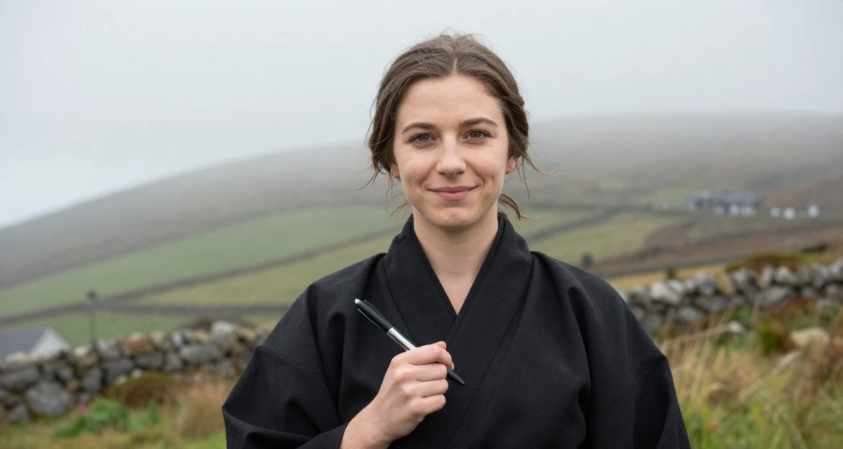 A smiling gently Female From Ireland, based in Cork, graduated from a regional college majoring in digital content creation in their 20, chasing internet fame and creative validation, wearing a shrine maiden outfit with a short hakama skirt, holding a pen in a photo studio.