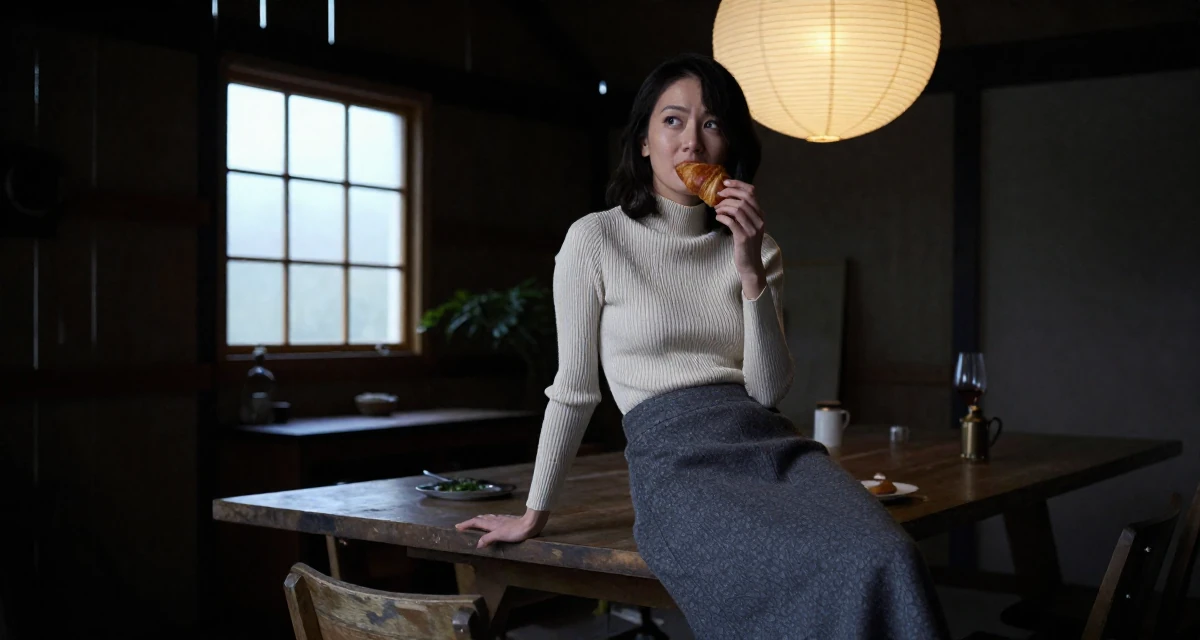 A relaxed and observant Female From Hong Kong, studied digital media arts in their 46, creating a sanctuary at home for relaxation, wearing a ribbed mock neck top and a long wool skirt, eating a croissant in a barn interior.